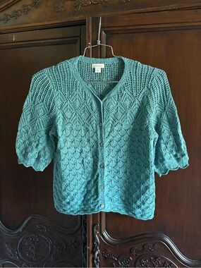 Sundance Jocelyn Cardigan Cropped Open Knit Turquoise Blue size Small